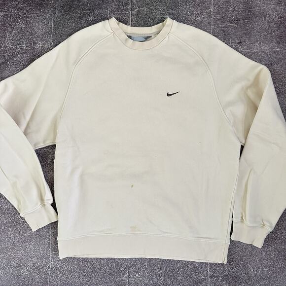Men's Vintage Y2K Nike Cream Off White Basic Mini Logo Crewneck Sweatshirt Sz L - Picture 1 of 4